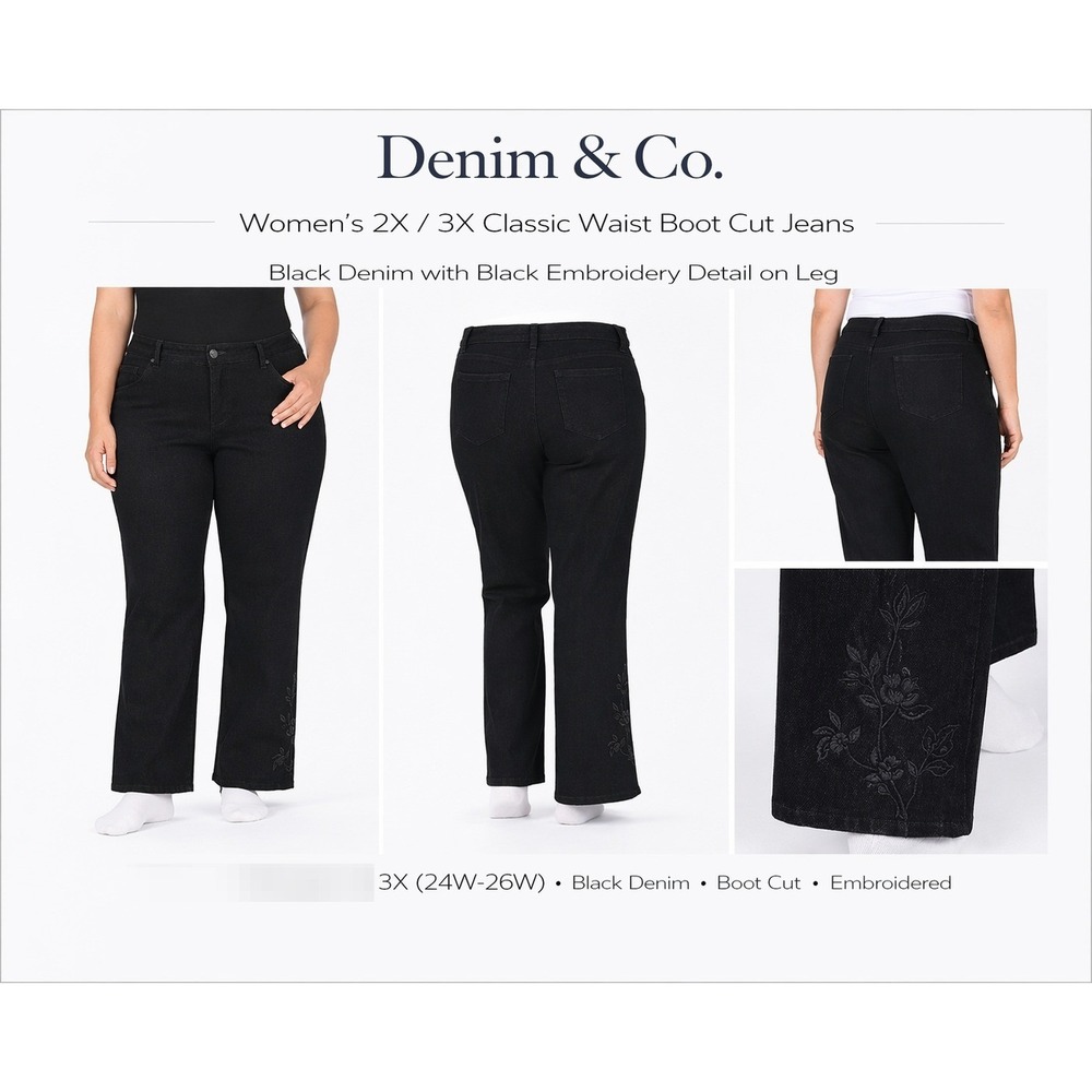 Denim & Co Womens 3X Classic‎ Waist Boot Cut Jeans Black Embroidered A22758